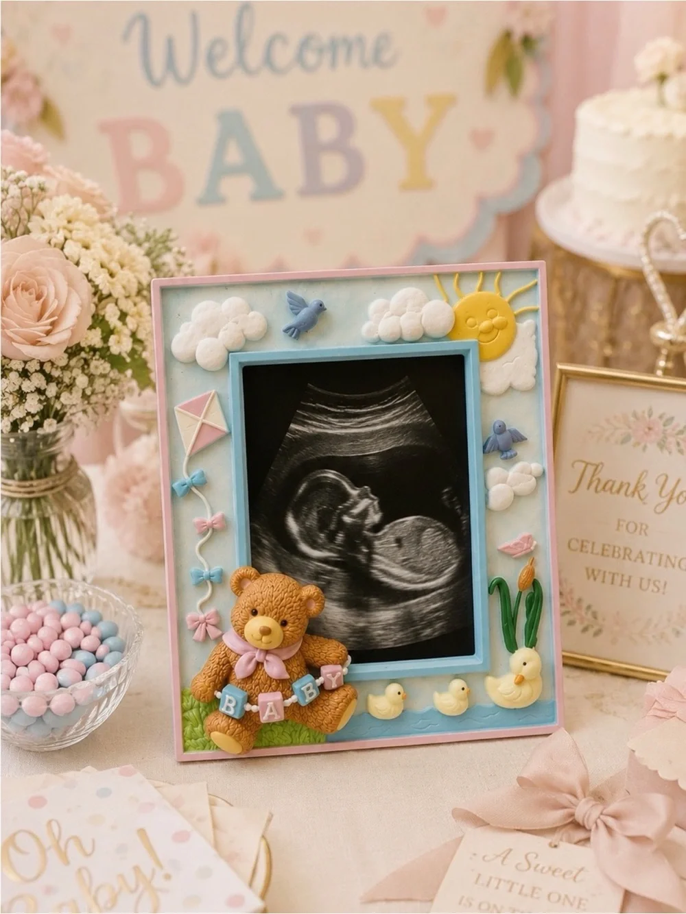 ROMAN Lullaby Baby Picture Frame 3D Teddy Bear Nursery Decor Vintage Gifts NIB
